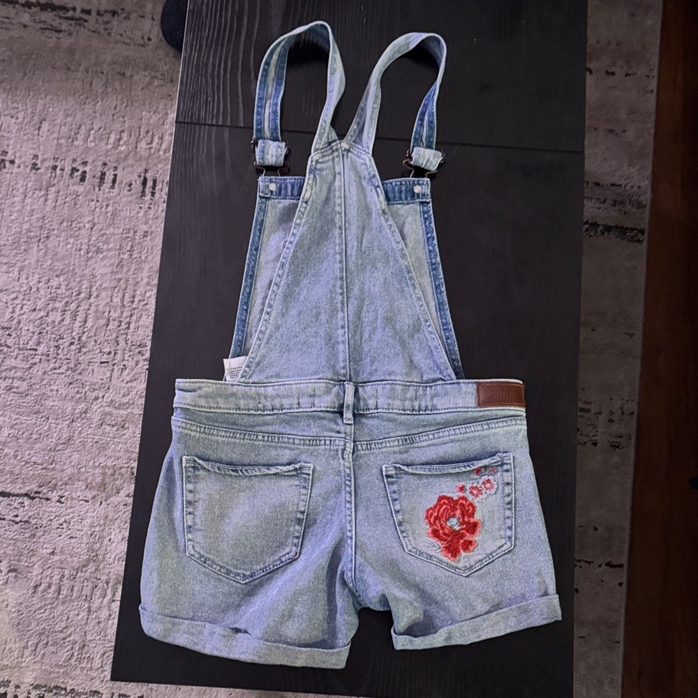 Hollister Light Blue Denim Overalls with Red Floral Embroidery